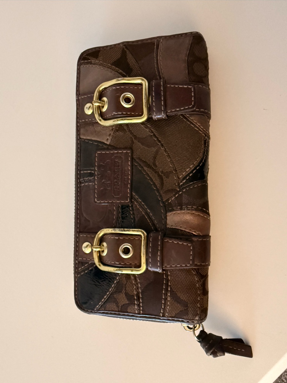 Coach Patchwork Brown Signature Wallet with Gold Buckles